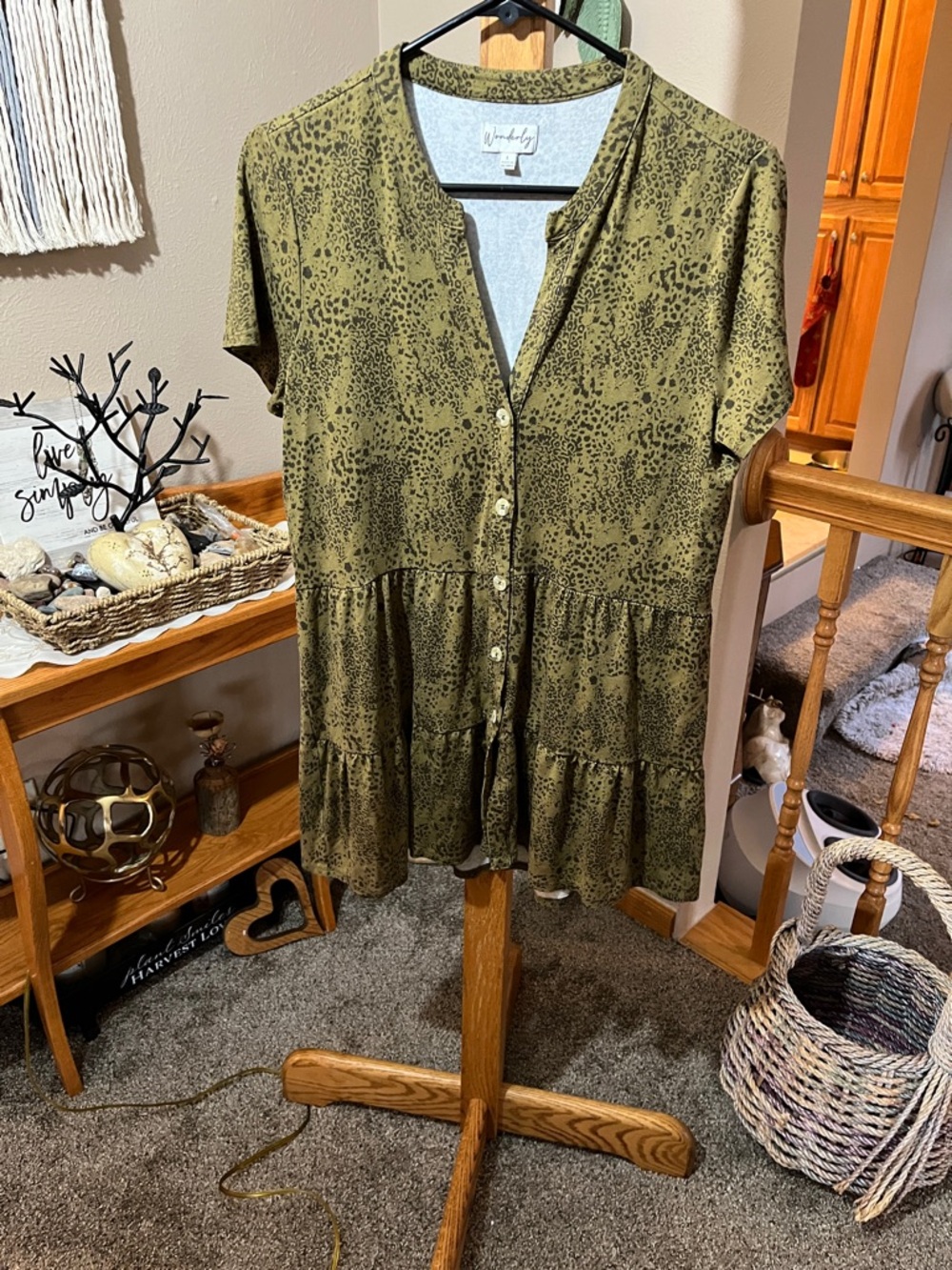 Wonderly Olive Green Short-Sleeve Tiered Button Tunic